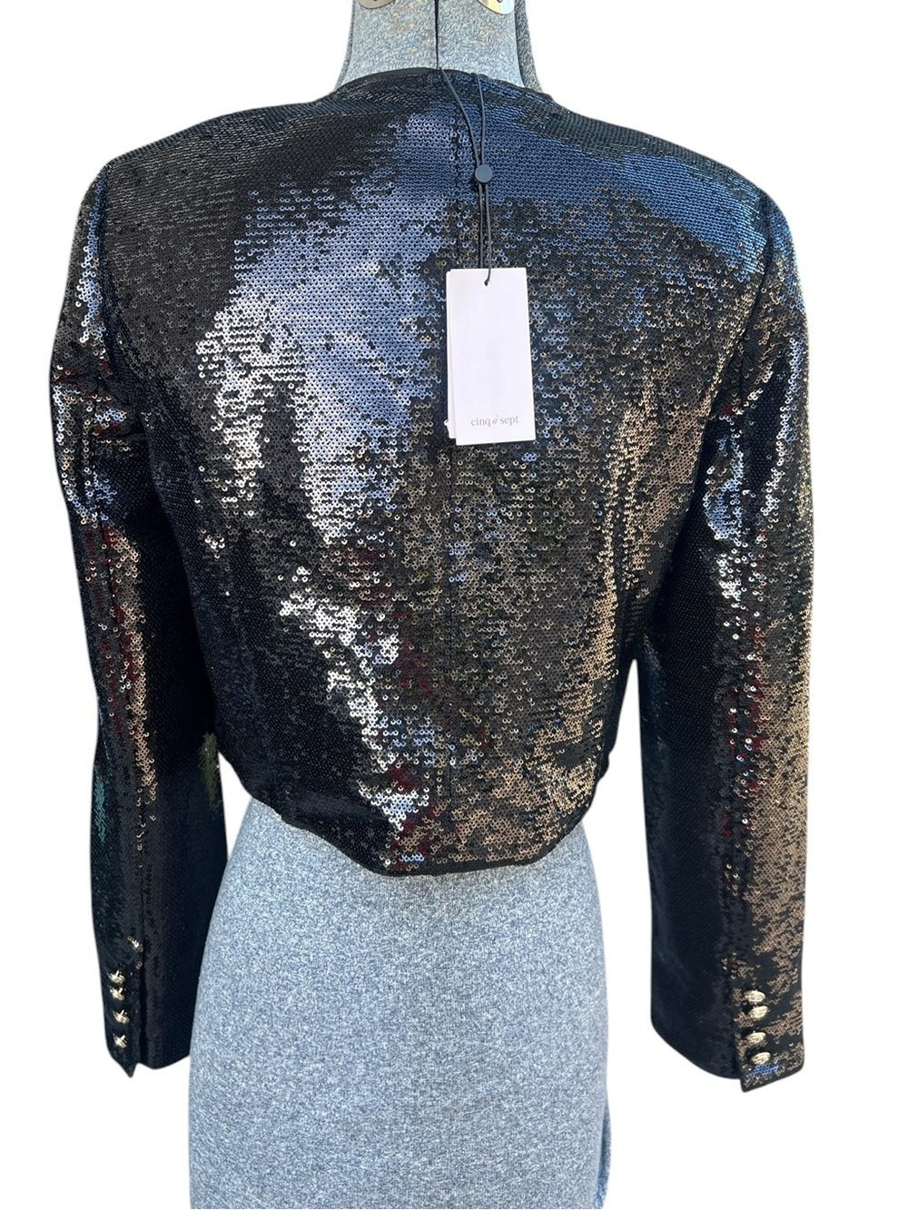 NWT cinq a sept Black Sequin “Randi” Cropped Blazer Jacket with Gold Buttons - Picture 2 of 14